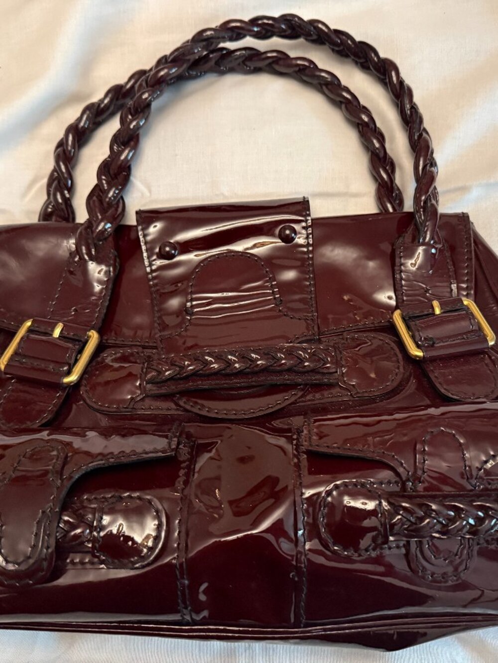 Valentino Garavani Histoire Burgundy Patent Leather Braided Satchel